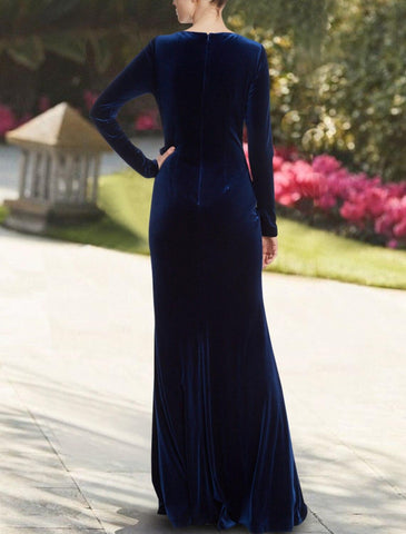 Meerjungfrau/Trompete Abendkleid Elegantes Kleid Hochzeitsgast Ballkleid Bodenlang Langarm Rundhals Samt mit Schleife(n) Rüschen