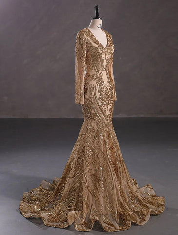 Meerjungfrau/Trompete Abendkleid Sparkle &amp; Shine Kleid Formal Hofschleppe Langarm V-Ausschnitt Afroamerikanische Spitze mit Pailletten