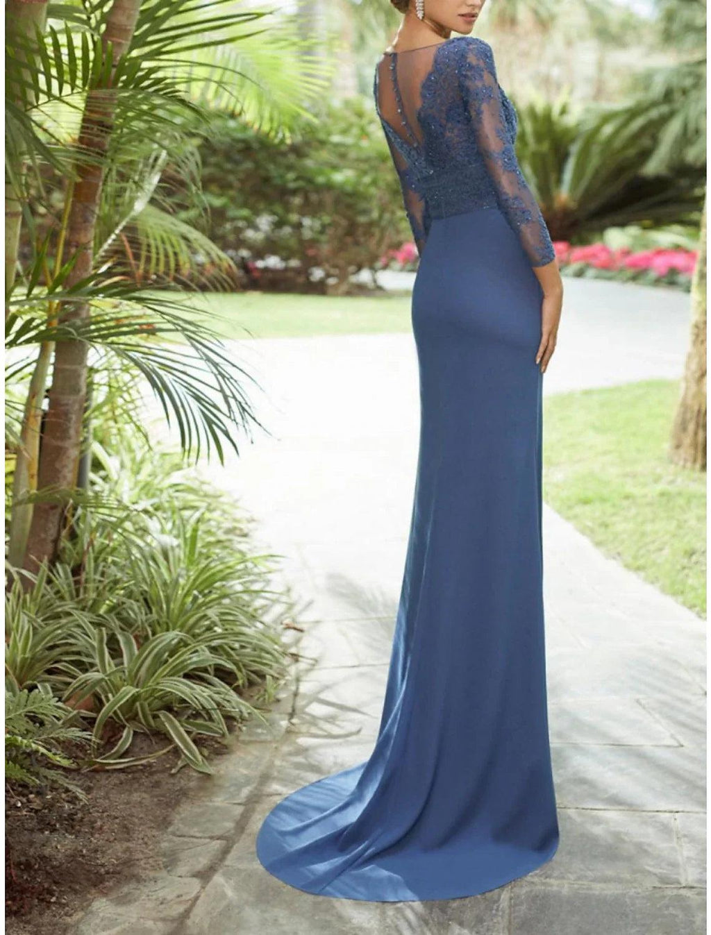 Sheath / Column Mother of the Bride Dress Fall Wedding Guest Party Elegant V Neck Sweep / Brush Train Chiffon Lace 3/4 Length Sleeve with Pleats Sequin Ruffles