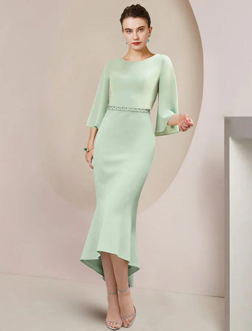 Meerjungfrau/Trompete Mutter der Braut Kleid Hochzeit Gast Party Elegante U-Ausschnitt Tee Länge Stretch Chiffon 3/4 Länge Ärmel mit Perlen