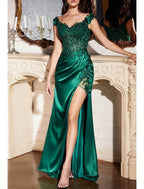 Vestido de noche de sirena, sexy, formal, navideño, rojo y verde, largo hasta el suelo, sin mangas, escote en V, charmeuse con apliques de abertura.