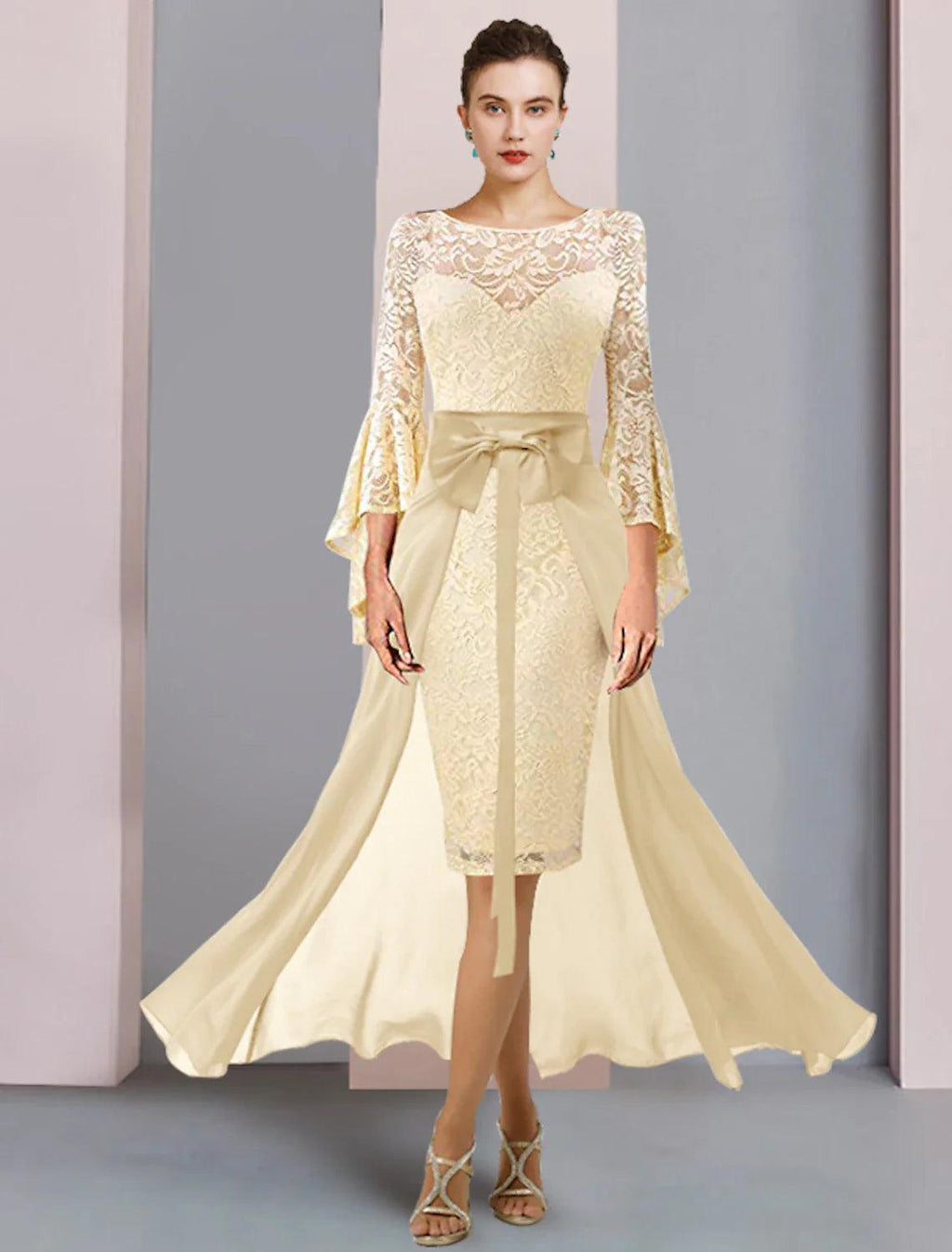 Vestido de dos piezas para madre de la novia, estilo tubo/columna, elegante, escote redondo, largo hasta la rodilla, de gasa, con encaje, mangas 3/4 y lazo(s).