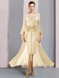 Vestido de dos piezas para madre de la novia, estilo tubo/columna, elegante, escote redondo, largo hasta la rodilla, de gasa, con encaje, mangas 3/4 y lazo(s).