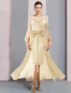Vestido de dos piezas para madre de la novia, estilo tubo/columna, elegante, escote redondo, largo hasta la rodilla, de gasa, con encaje, mangas 3/4 y lazo(s).