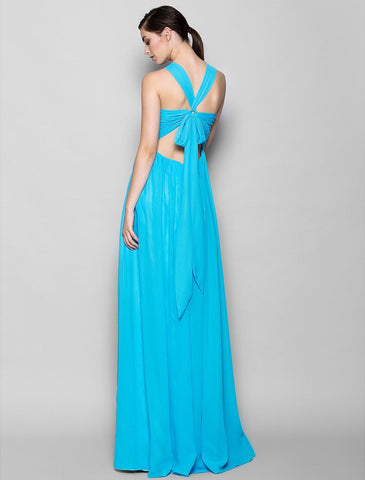 Etui-/Säulenkleid für die Brautjungfer, Neckholder, ärmellos, offener Rücken, bodenlang, Chiffon mit Criss Cross