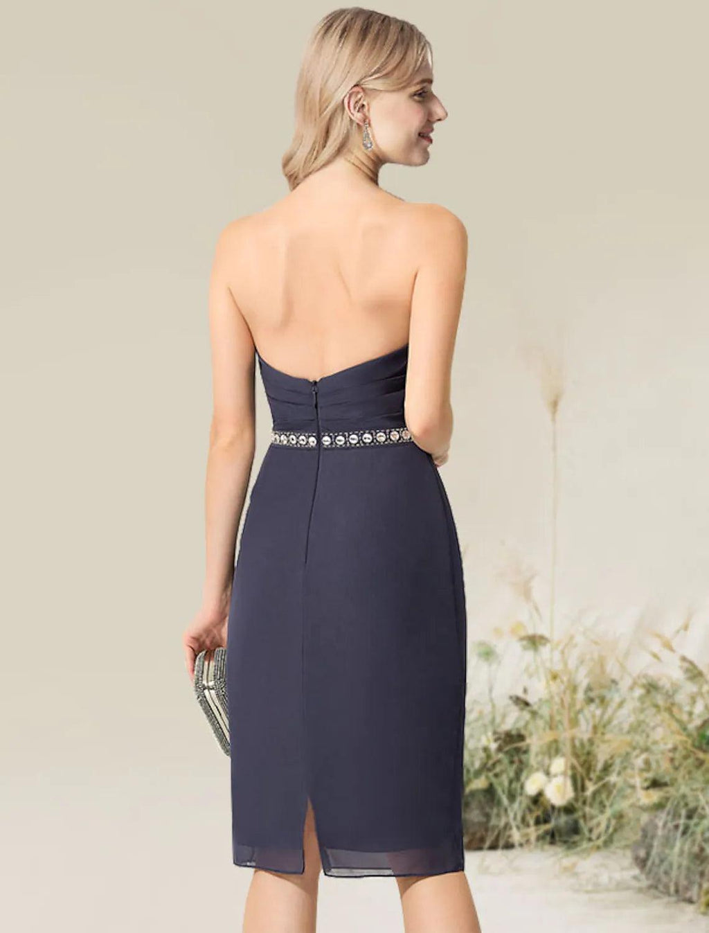 Vestido de cóctel con corte tubo/columna, convertible, para invitada de boda, largo hasta la rodilla, manga corta, sin tirantes, con encaje y apliques de encaje.