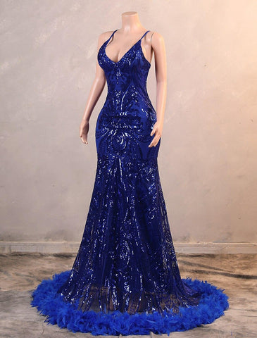 Meerjungfrau/Trompete Abendkleid Luxuriöses Kleid Karneval Bodenlang Ärmellos Spaghettiträger Afroamerikaner Pailletten mit Federstickerei