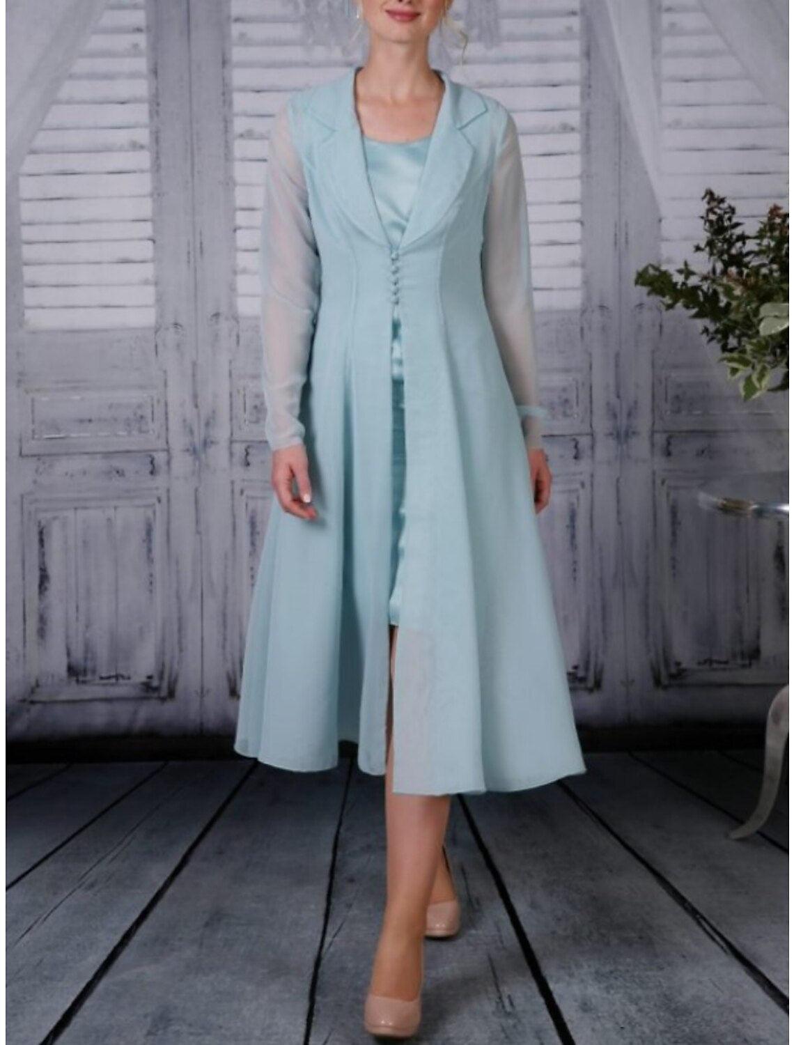 Zweiteiliges A-Linien-Kleid für die Mutter der Braut, Hochzeitsgast, schlicht, elegant, Hemdkragen, wadenlang, Chiffon, lange Ärmel mit Falten, einfarbig