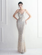Mermaid / Trumpet Evening Gown Sparkle & Shine Dress Formal Wedding Guest Floor Length Short Sleeve Spaghetti Strap Polyester with Beading Sequin