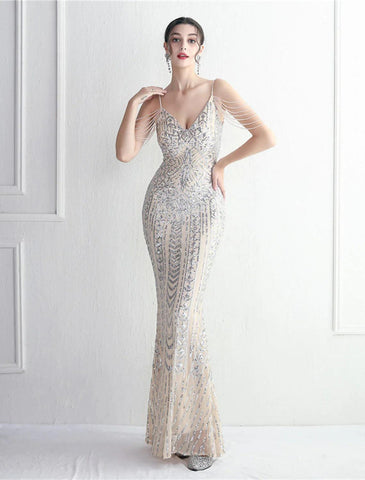 Meerjungfrau/Trompete Abendkleid Sparkle &amp; Shine Kleid Formeller Hochzeitsgast Bodenlang Kurzarm Spaghettiträger Polyester mit Perlen Pailletten