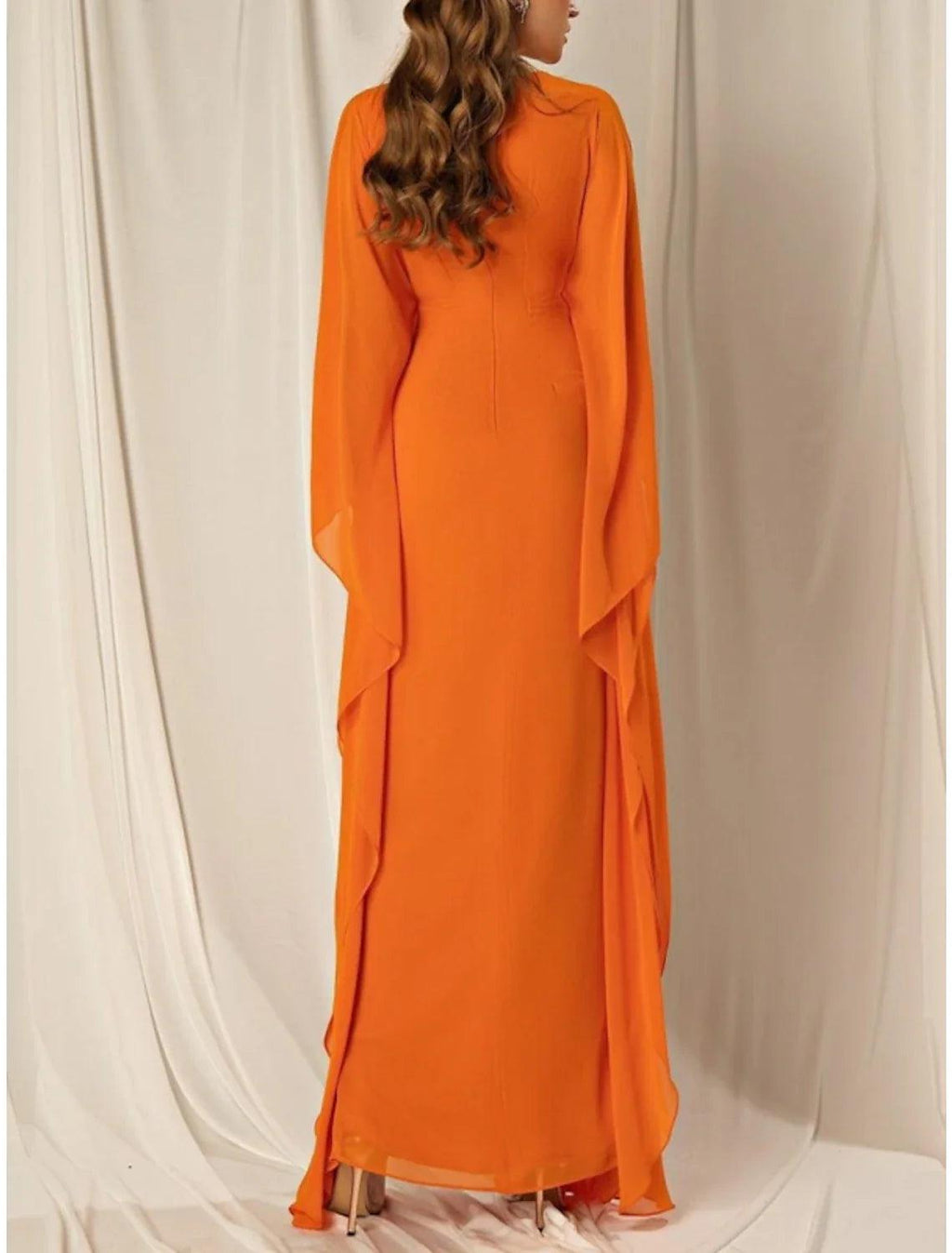 Etui-/Säulen-Abendkleid, elegantes Kleid, formell, Herbst, knöchellang, lange Ärmel, V-Ausschnitt, Chiffon mit gerüschen