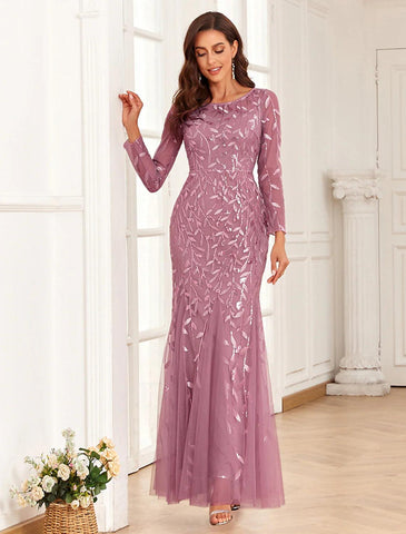 Meerjungfrau/Trompete Abendkleid Elegantes Kleid Abschlussball Hochzeit Party Bodenlang Langarm Rundhals Tüll mit Stickerei