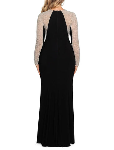 Meerjungfrau/Trompete Kleid für die Mutter der Braut, Hochzeitsgast, Vintage, luxuriös, funkelnd und glänzend, V-Ausschnitt, bodenlang, Samt, lange Ärmel, mit Kristallen