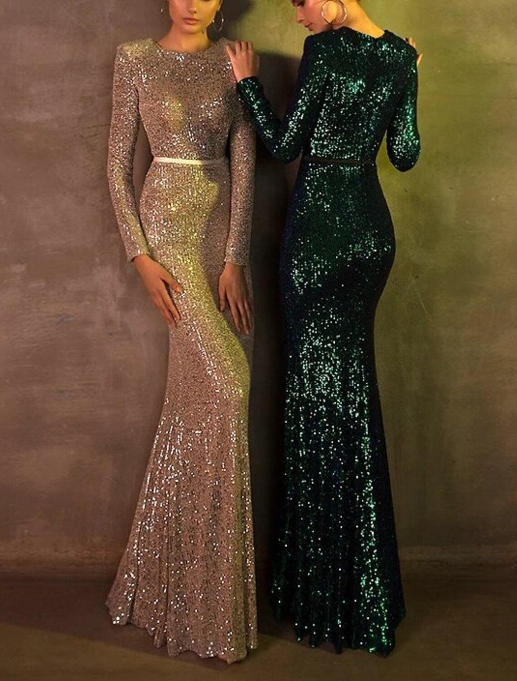 Vestido de noche de sirena/trompeta con brillo y destellos, para fiesta, boda, largo hasta el suelo, manga larga, cuello joya, encaje con lentejuelas