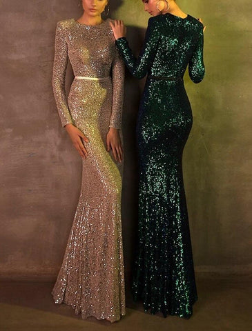 Meerjungfrau/Trompete Abendkleid Sparkle &amp; Shine Kleid Party Wear Hochzeit Party Bodenlang Langarm Juwel Hals Spitze mit Pailletten