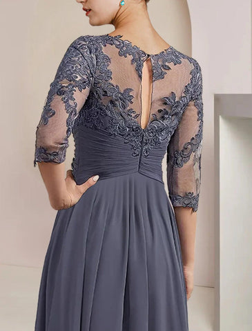 Vestido de dos piezas de corte A para madre de la novia, para invitada de boda formal, elegante, escote redondo, largo hasta la rodilla, de gasa con encaje, mangas 3/4, cruzado incluido, con apliques fruncidos