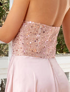 Sheath / Column Evening Gown Sparkle & Shine Dress Wedding Party Birthday Court Train Sleeveless Sweetheart Satin with Ruched Pearls Sequin