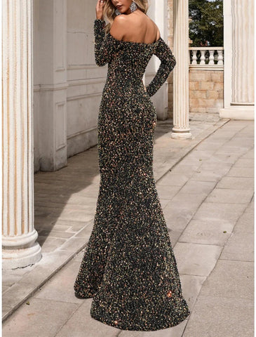 Meerjungfrau/Trompete Abendkleid Sparkle &amp; Shine Schwarzes Kleid Formelles Herbstkleid Sweep/Pinselzug Langarm Schulterfrei Pailletten mit Glitzerfalten