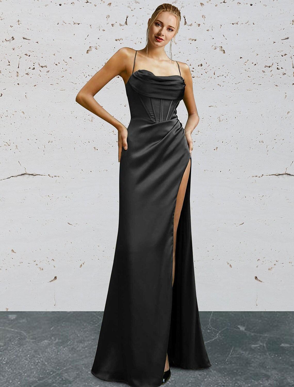 Vestidos de fiesta de sirena/trompeta, vestido vintage, largo hasta el suelo, sin mangas, escote corazón, charmeuse, sin espalda, con abertura, color puro
