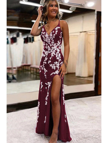 Meerjungfrau/Trompete Ballkleider Rückenfreies Kleid Formelle Hochzeitsfeier Sweep/Pinselzug Ärmellos V-Ausschnitt Tüll Rückenfrei mit Schlitz Applikationen