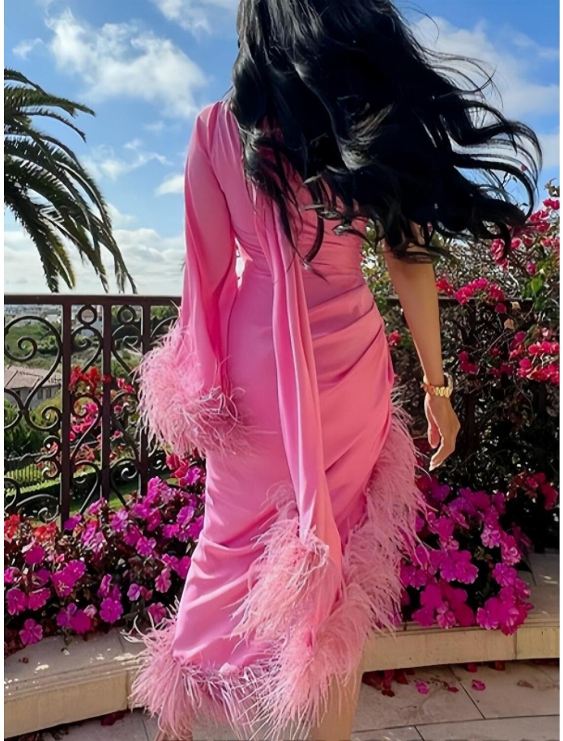 Vestido de noche tubo/columna, sexy, para cumpleaños, otoño, asimétrico, manga larga, un hombro, tejido elástico con plumas fruncidas