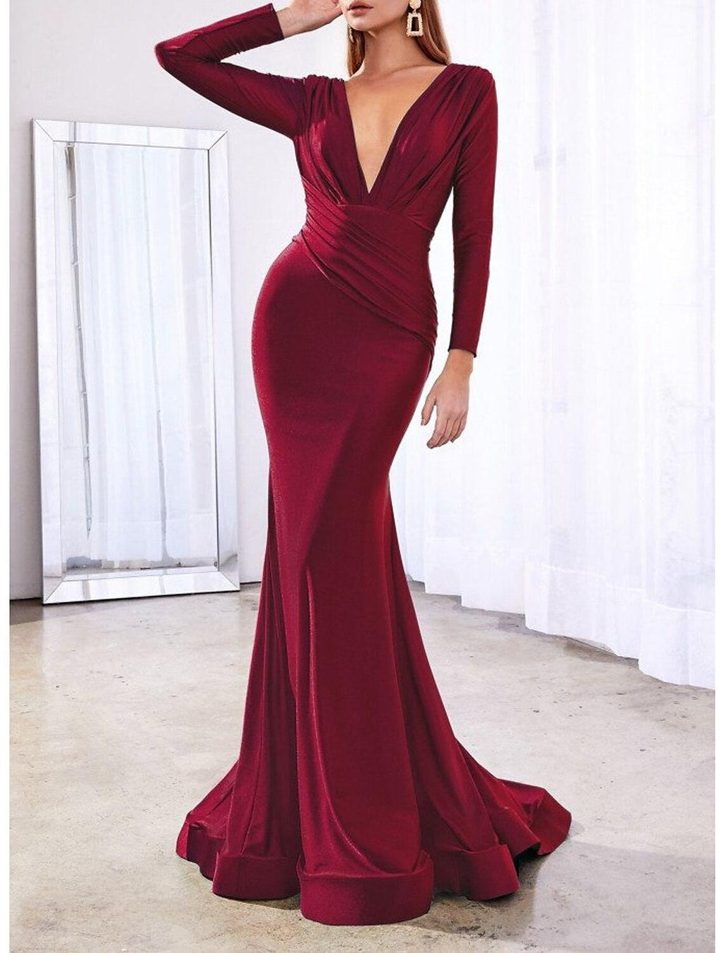 Vestido de noche sirena/trompeta Reformation Amante, vestido de novia para invitada de boda, formal, de noche, con cola de corte, manga larga, cuello en V, satén con elegante color puro