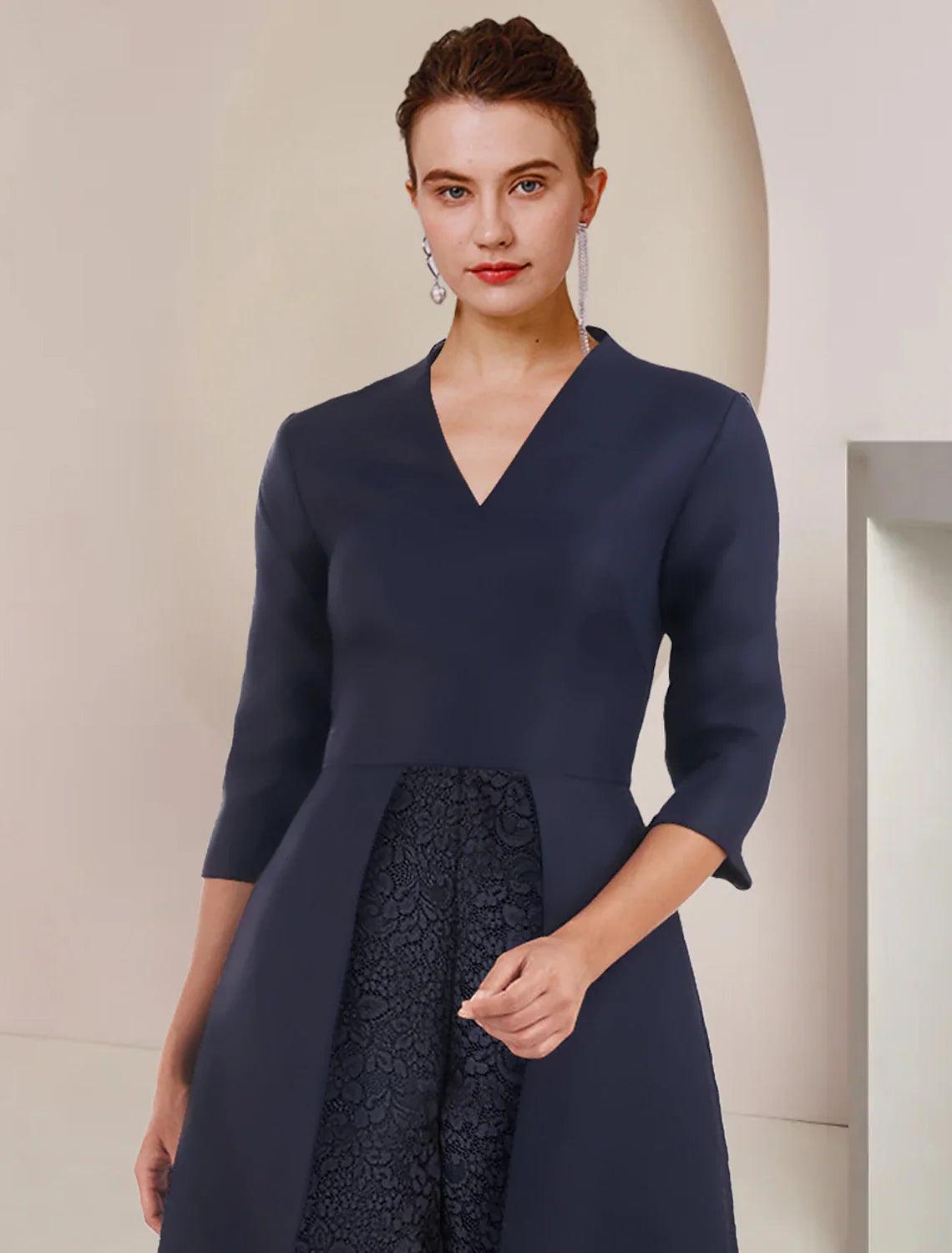Mono/traje de pantalón para madre de la novia, vestido para invitados de boda, elegante escote en V, largo hasta la rodilla, tafetán, manga 3/4, color liso