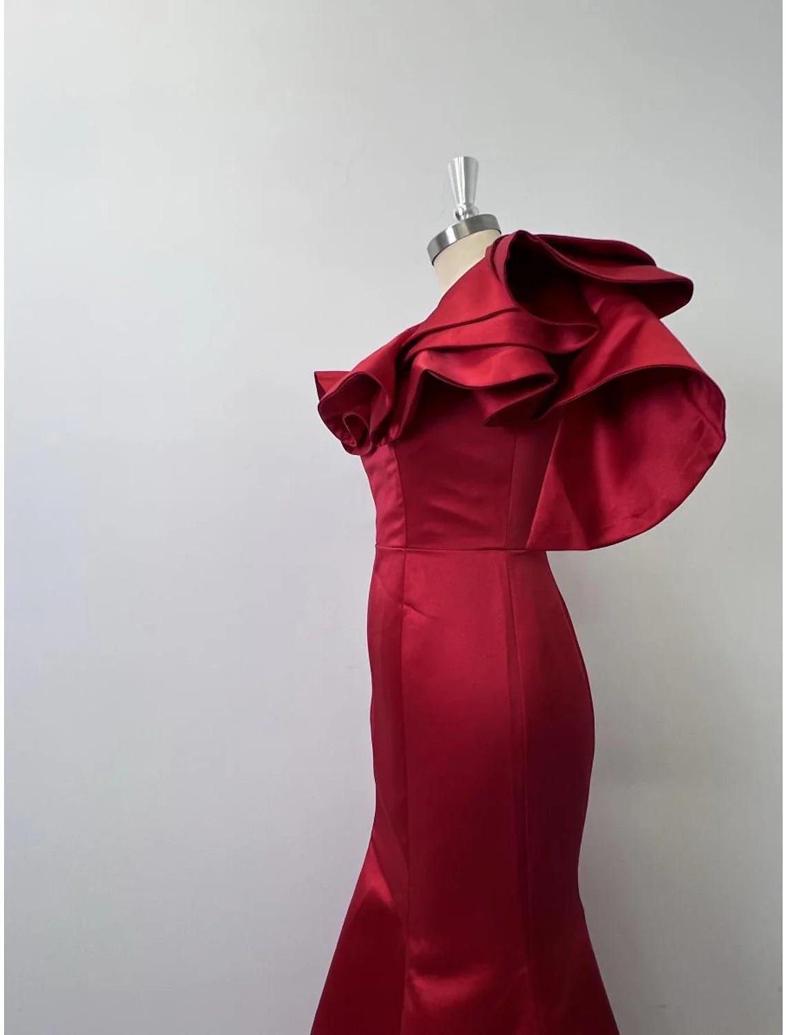 Meerjungfrau Schwarzes Kleid Weihnachten Rot Grünes Kleid Abendkleid Korsettkleid Weihnachten Rot Grünes Kleid Formelle Hochzeitsgast-Bodenlänge Ärmellos Einschulter Taft mit Rüschen Schulterblume