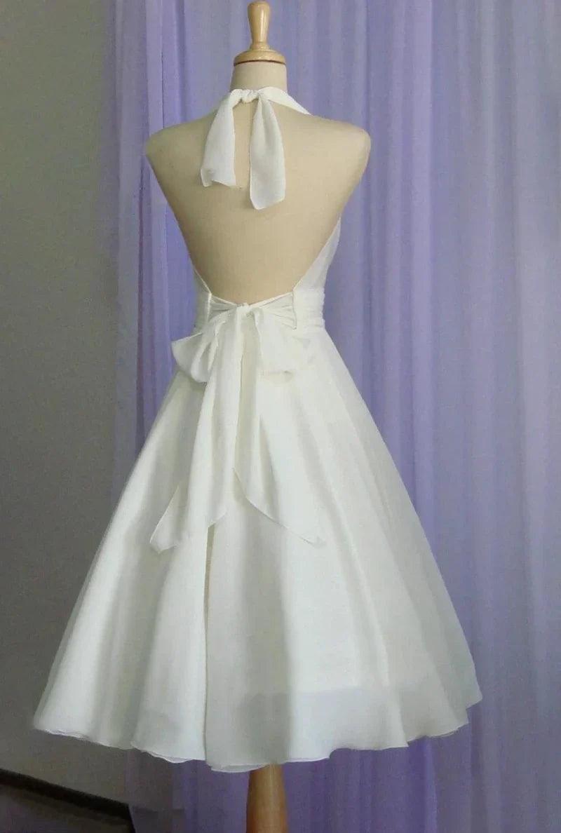 Vestido de novia vintage de gasa hasta la rodilla con cuello halter y lazo