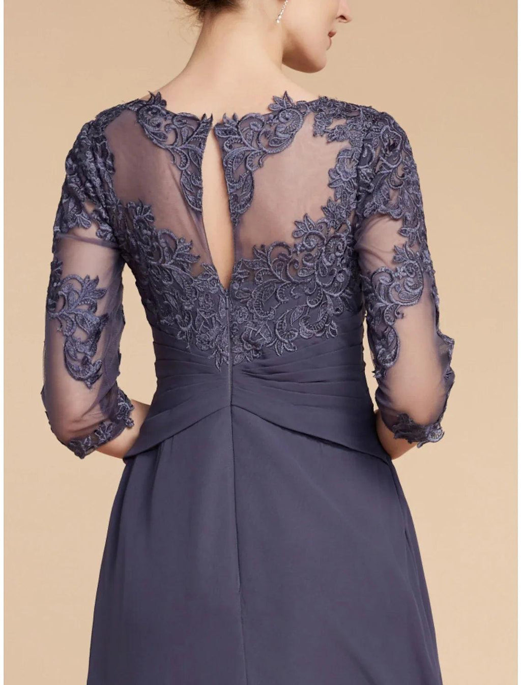 Numbersea A-Line Mother of the Bride Dress Wedding Guest Elegant Scoop Neck Ankle Length Chiffon Lace 3/4 Length Sleeve with Ruching Solid Color