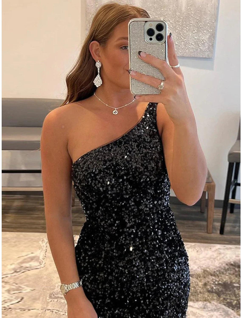 Vestidos de fiesta de sirena/trompeta, negros, para graduación, cóctel, cortos/mini, sin mangas, de un hombro, con lentejuelas