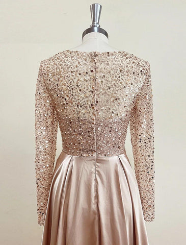 Meerjungfrau/Trompete Abendkleid Sparkle &amp; Shine Kleid Karneval Maskerade Bodenlang Langarm Illusion Hals Herbst Hochzeit Empfang Satin mit Perlen Überrock