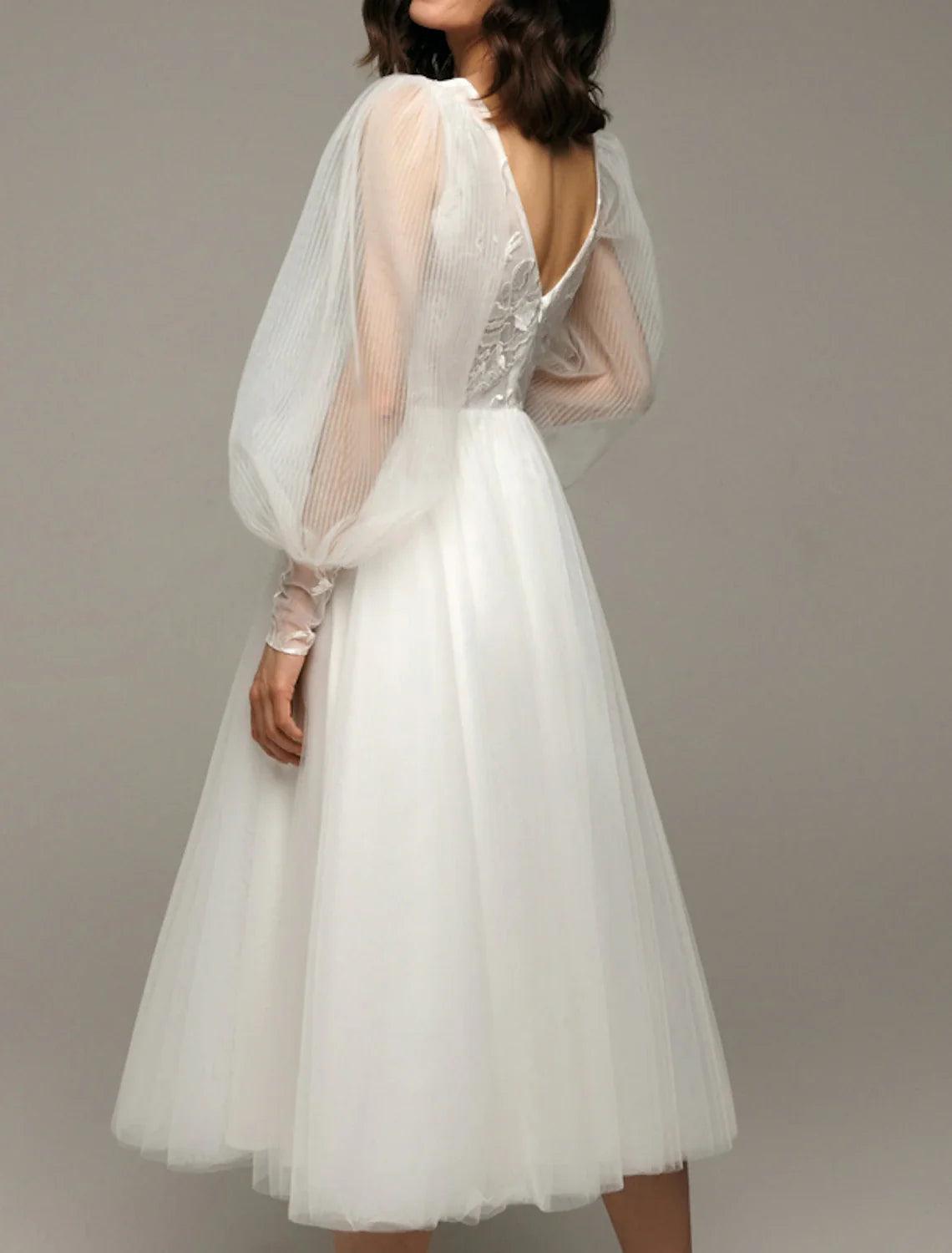 Hall Vintage 1940s / 1950s Little White Dresses Wedding Dresses A-Line V Neck Long Sleeve Tea Length Satin Bridal Gowns With Appliques Solid Color