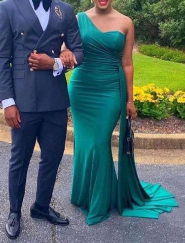 Meerjungfrau / Trompete Brautjungfernkleid Ein-Schulter Ärmellos Elegant Sweep / Pinselschleppe Elasthan mit Drapierung / Volltonfarbe