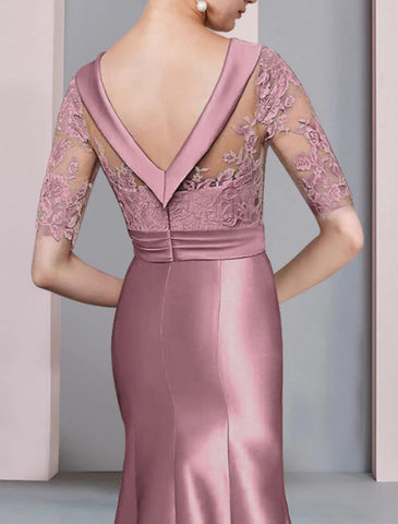 Meerjungfrau/Trompete Kleid für die Brautmutter, formelle Kleider für Hochzeitsgäste im Herbst, elegant, hoch und tief, Rundhalsausschnitt, Schleppe/Pinselzug, asymmetrisch, Satin, Spitze, halbe Ärmel mit Schleife(n), Applikationen