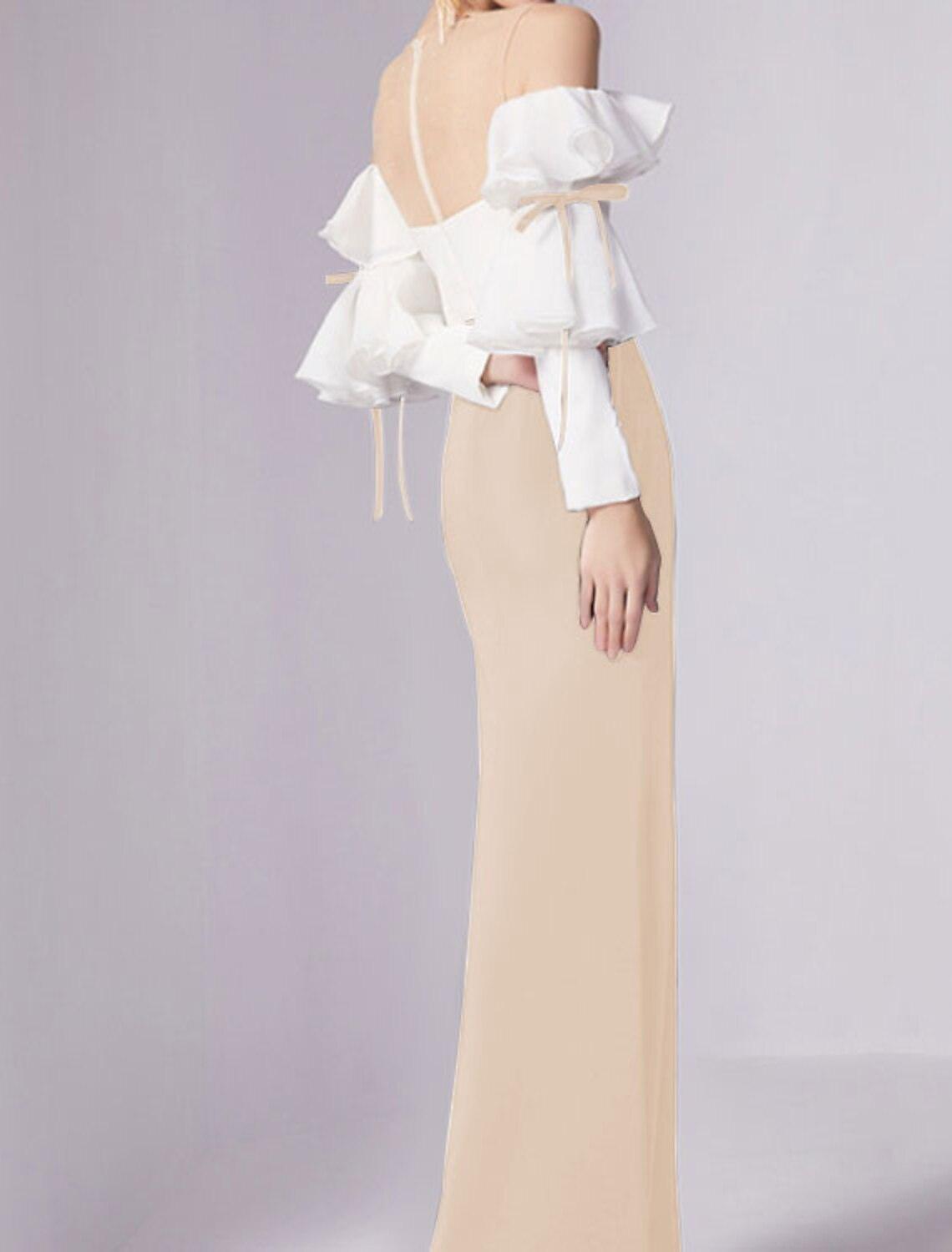 Vestido de noche estilo sirena/trompeta, minimalista, para invitados de boda, de compromiso, largo hasta el suelo, mangas 3/4, cuello joya, tejido elástico con pliegues y volantes.