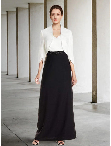 Vestido de dos piezas tipo tubo para madre de la novia, vestido elegante negro para invitada de boda, escote en V, largo hasta los tobillos, gasa elástica, media manga con lentejuelas, abertura frontal fruncida