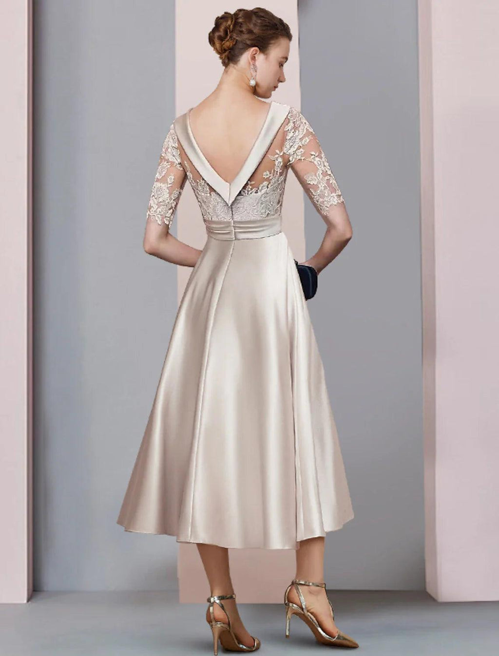 Mother of the Bride Dress A-Line Fall Wedding Guest Dresses Vintage Elegant Scoop Neck Tea Length Satin Lace Half Sleeve with Ruched Appliques