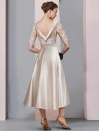 Mother of the Bride Dress A-Line Fall Wedding Guest Dresses Vintage Elegant Scoop Neck Tea Length Satin Lace Half Sleeve with Ruched Appliques