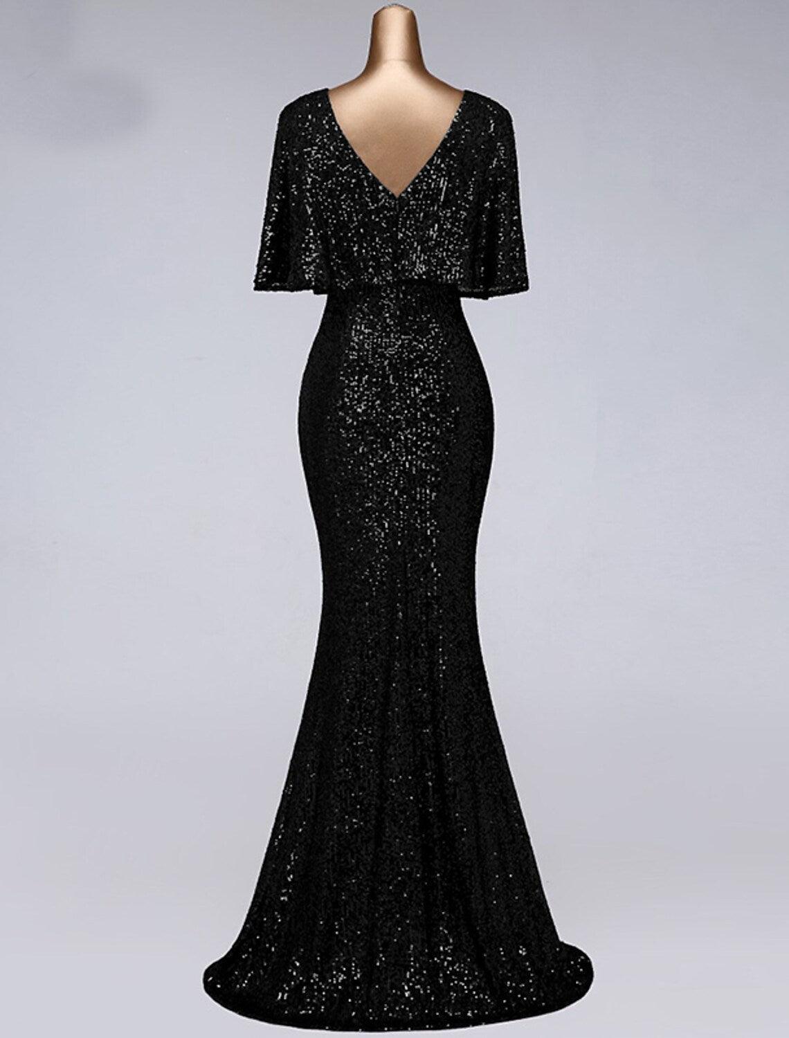 Vestidos de fiesta de sirena/trompeta, vestido brillante, para invitada de boda, largo hasta el suelo, media manga, cuello ilusión, lentejuelas con volantes de lentejuelas