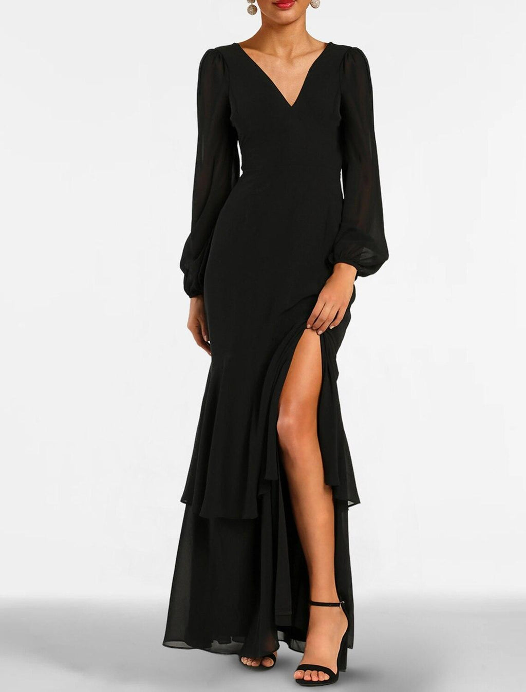 Meerjungfrau Schwarzes Abendkleid Stufenplissee Kleid Formal Hochzeitsgast Bodenlang Langarm V-Ausschnitt Gothic Chiffon mit Schlitz Riemchen