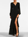 Meerjungfrau Schwarzes Abendkleid Stufenplissee Kleid Formal Hochzeitsgast Bodenlang Langarm V-Ausschnitt Gothic Chiffon mit Schlitz Riemchen