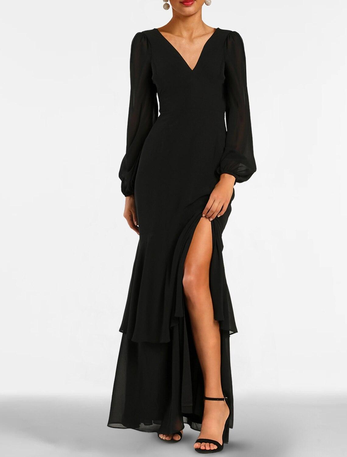 Meerjungfrau Schwarzes Abendkleid Stufenplissee Kleid Formal Hochzeitsgast Bodenlang Langarm V-Ausschnitt Gothic Chiffon mit Schlitz Riemchen