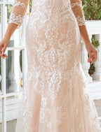 Vestidos de novia formales de otoño con escote corazón, corte sirena o trompeta, manga larga, cola larga y apliques de encaje