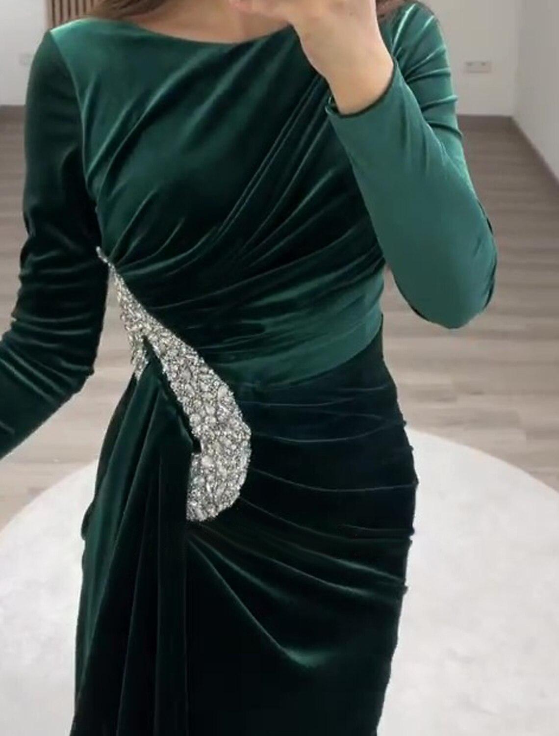 Sheath Evening Gown Vintage Black Dress Plus Size Formal Velvet Christmas Red Green Dress Floor Length Long Sleeve Off Shoulder Fall Wedding Reception with Rhinestone Slit