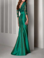 Mermaid Beautiful Back Elegant Christmas Red Green Dress Formal Evening Dress Scalloped Neckline V Back 3/4 Length Sleeve Floor Length Lace with Sash / Ribbon Embroidery