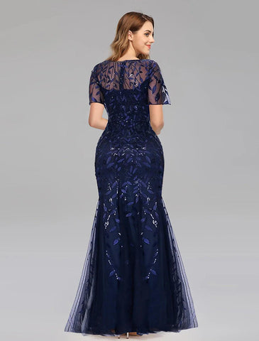 Meerjungfrau/Trompete Abendkleid Empire-Kleid Abschlussball Formeller Abend Bodenlang Kurzarm Rundhals Herbst Hochzeitsgast Tüll mit Stickerei