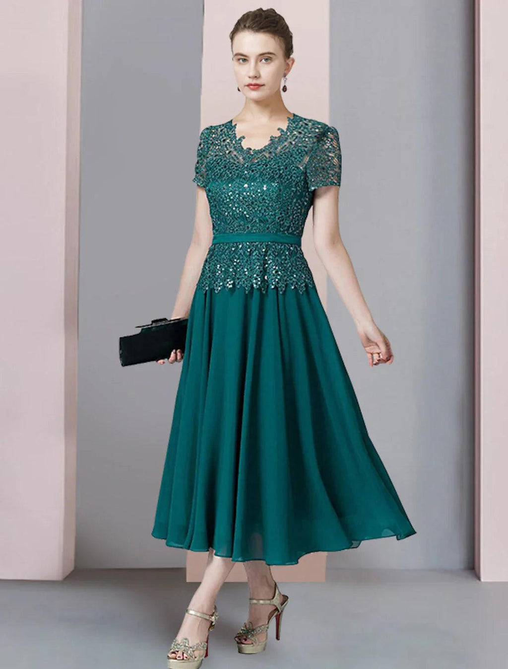 Zweiteiliges A-Linien-Kleid für die Mutter der Braut, formelle Hochzeitsgäste, eleganter V-Ausschnitt, wadenlanges Chiffon-Spitzenkleid mit kurzen Ärmeln und Pailletten-Applikationen