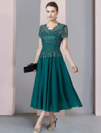 Zweiteiliges A-Linien-Kleid für die Mutter der Braut, formelle Hochzeitsgäste, eleganter V-Ausschnitt, wadenlanges Chiffon-Spitzenkleid mit kurzen Ärmeln und Pailletten-Applikationen