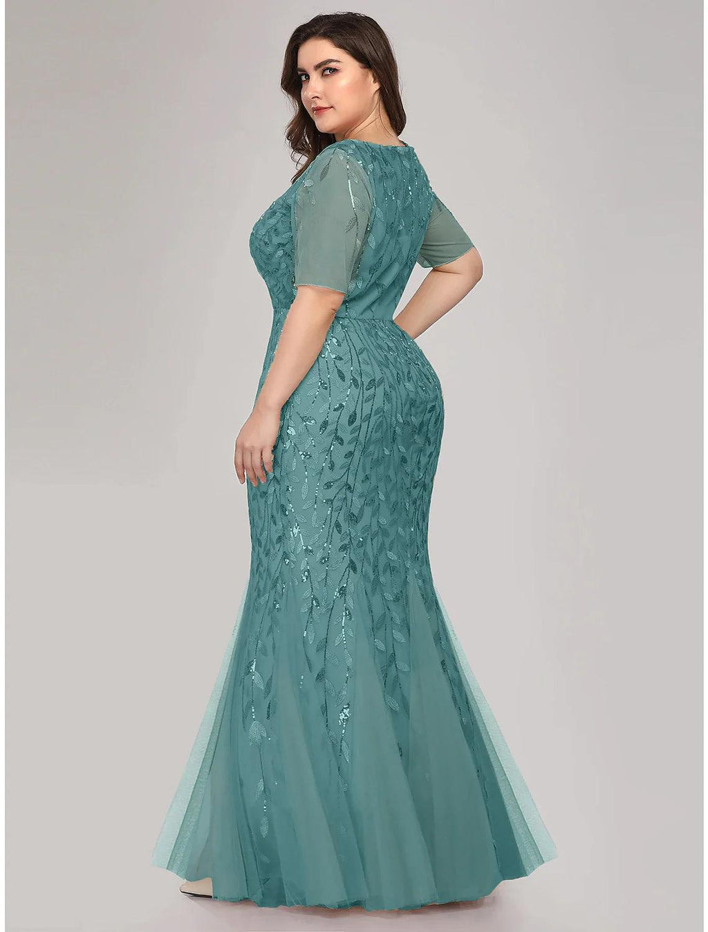 Mermaid / Trumpet Evening Gown Plus Size Dress Formal Evening Floor Length Short Sleeve Jewel Neck Fall Wedding Guest Tulle Ladder Back with Sequin Appliques